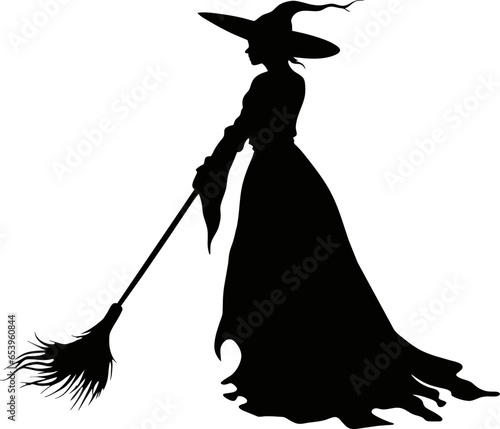 Vector halloween witch with broom silhouettes illustration icon. Vector with with witch hat icon