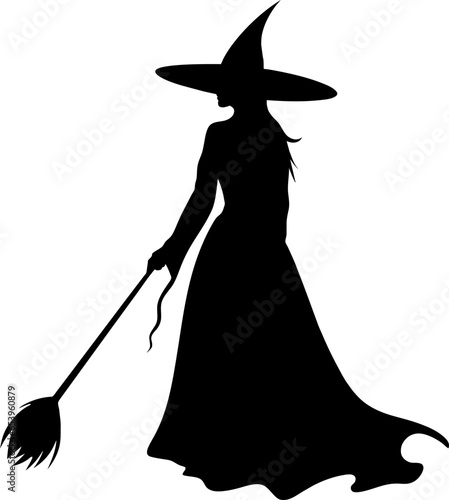Vector halloween witch with broom silhouettes illustration icon. Vector with with witch hat icon