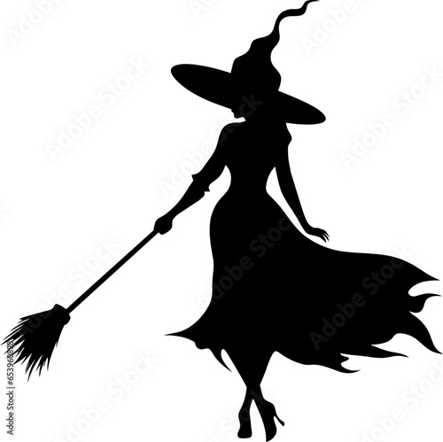 Vector halloween witch with broom silhouettes illustration icon. Vector with with witch hat icon
