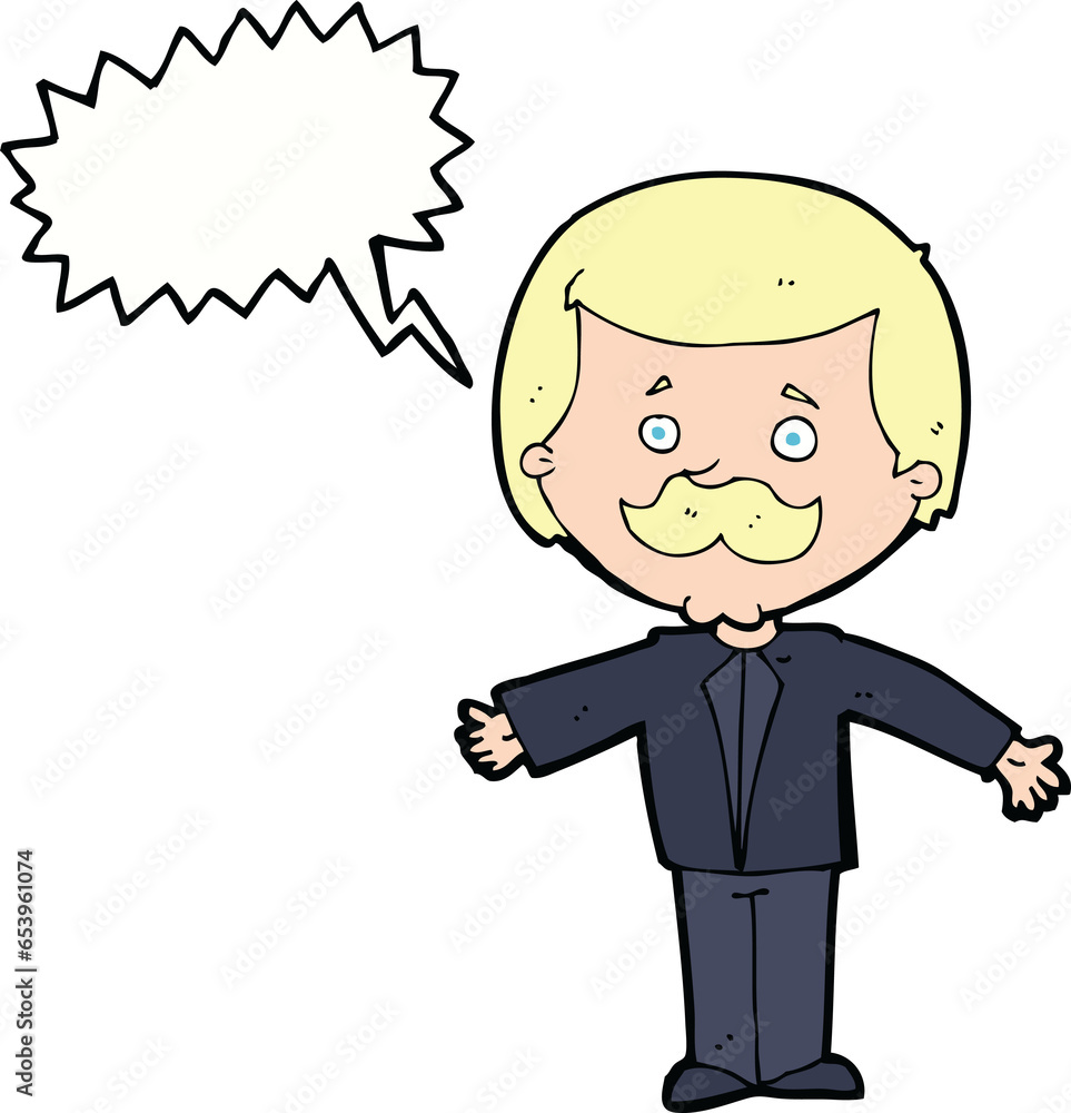 cartoon mustache man with open arms with speech bubble cartoon mustache man with open arms with speech bubble