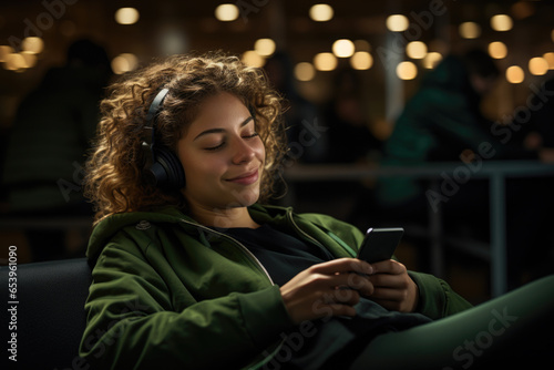 A woman sitting in a chair wearing headphones and looking at her phone. This picture can be used to illustrate relaxation, technology, or communication.