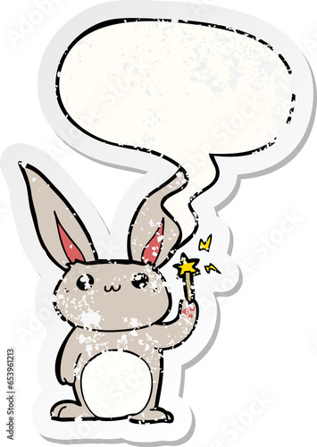 cute cartoon rabbit with speech bubble distressed distressed old sticker
