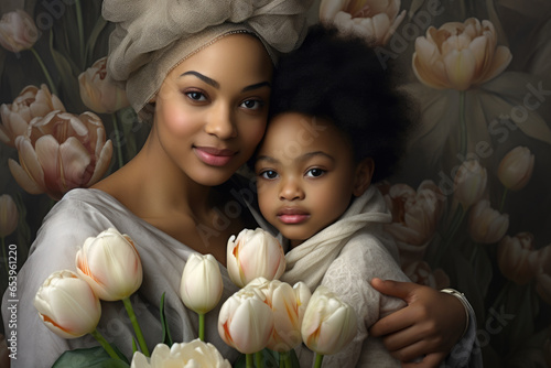 A woman holding a child with a beautiful bouquet of tulips in front of them. Perfect for Mother's Day or family-related designs.
