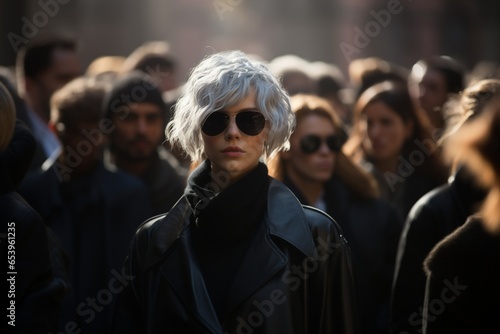 A young woman with grey hair wearing black, with sunglasses, in a crowd, facing the camera. Concept of solitude in the big city. Generative AI