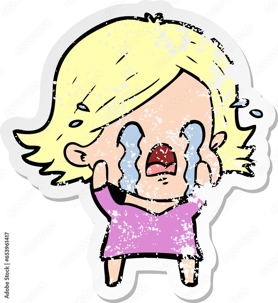 Fototapeta premium distressed sticker of a cartoon woman crying