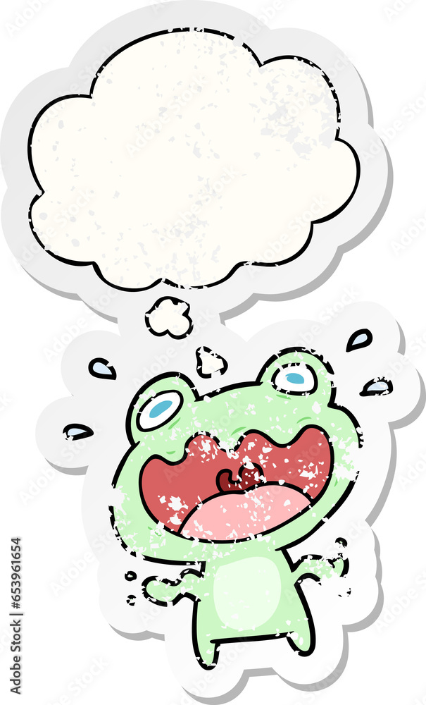 cartoon frog frightened with thought bubble as a distressed worn sticker cartoon frog frightened with thought bubble as a distressed worn sticker