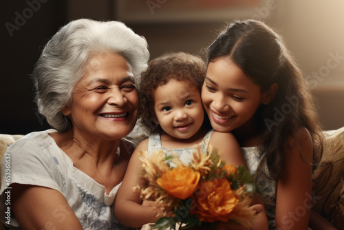 A woman is seen holding a child and smiling while standing next to an older woman. The joy and bond between generations. Perfect for family-related projects and advertisements.