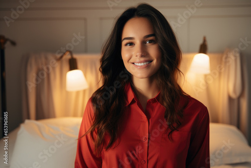 A woman wearing a red shirt standing in front of a bed. This image can be used to depict concepts of relaxation, bedroom decor, or morning routines. © vefimov