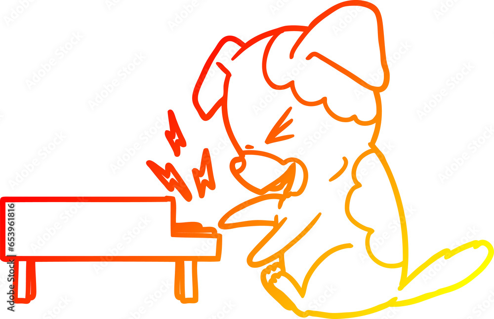 warm gradient line drawing of a cartoon dog rocking out on piano