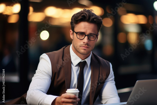 A man is depicted sitting at a table, holding a cup of coffee. This image can be used to represent relaxation, morning routines, or coffee breaks.