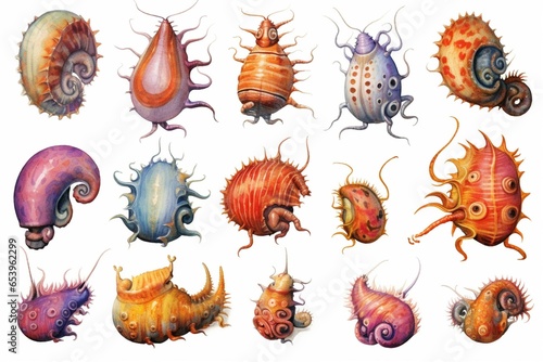 Illustration of colorful marine mollusks, often referred to as sea slugs. Generative AI