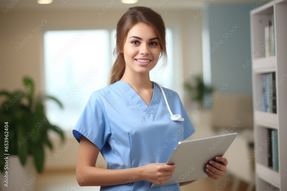 A woman wearing scrubs is holding a tablet computer. This image can be used to depict healthcare professionals using technology in their work. A woman wearing scrubs is holding a tablet computer. This image can be used to depict healthcare professionals using technology in their work.