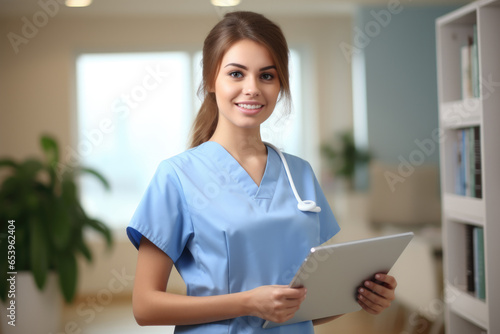 A woman wearing scrubs is holding a tablet computer. This image can be used to depict healthcare professionals using technology in their work.