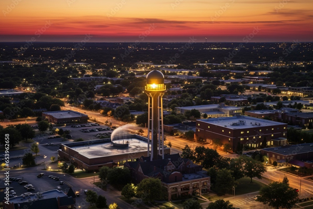 Aerial view of Frisco, Texas showcasing the beautiful landscape with the iconic Frisco water tower. Generative AI - obrazy, fototapety, plakaty 
