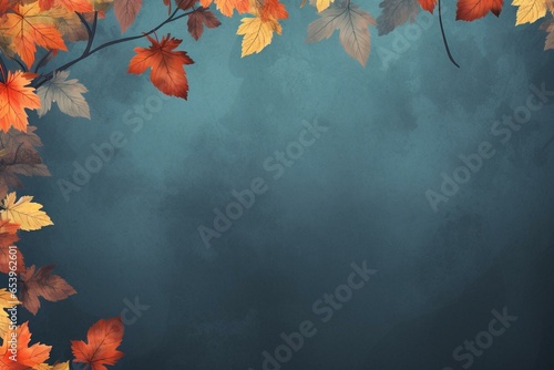 Autumnal wallpaper showcasing leaves on a blue-grey background. Features a seasonal banner, providing space for text. Generative AI