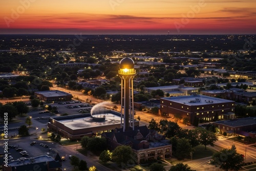 Aerial view of Frisco, Texas showcasing the beautiful landscape with the iconic Frisco water tower. Generative AI © Altair