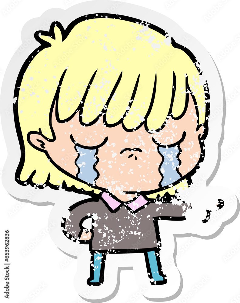 distressed sticker of a cartoon woman crying distressed sticker of a cartoon woman crying