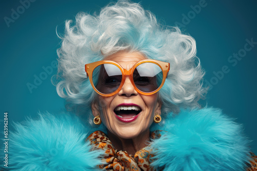 A stylish woman with white hair wearing sunglasses and a fur coat. Perfect for fashion magazines, winter fashion editorials, and luxury lifestyle blogs.