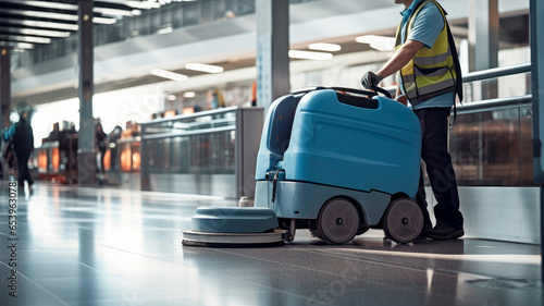cleaner riding a floor scrubbing machine at airport - janitorial service concept