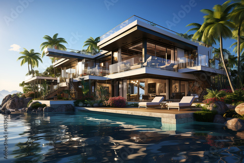 modern villa with a swimming pool on the ocean on a sunny day