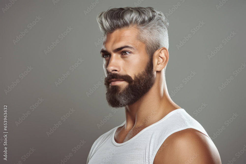 Picture of man with beard wearing white tank top. This versatile image can be used in various contexts. Picture of man with beard wearing white tank top. This versatile image can be used in various contexts.
