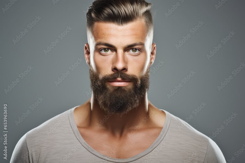 Detailed close-up shot of man with beard. This image can be used to depict masculinity, fashion, grooming, or personal style.
