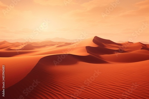 A surreal desert with undulating sand dunes highlighted by an orange gradient sunset sky. Generative AI