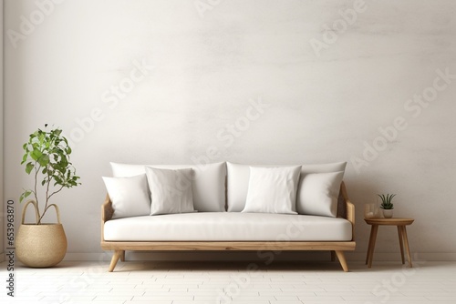 Minimalist interior with a sofa and a blank wall, showcasing Scandinavian style. 3D illustration. Generative AI