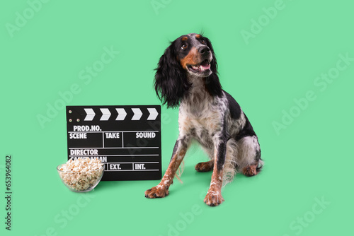 Cute cocker spaniel dog with bowl of popcorn and clapperboard sitting on green background