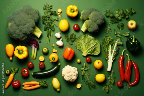 Various vegetables on a green background bright ripe juicy healthy food concept top view close-up