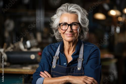 Woman wearing glasses stands in workshop. This image can be used to depict professional or creative environment.
