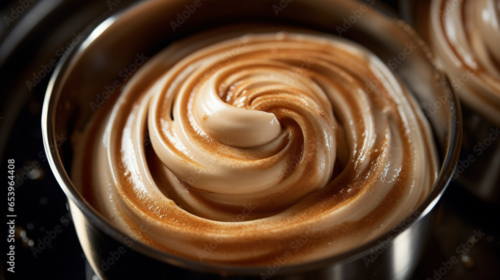 A generous topping of powdered cinnamon artistically adorns a creamy sweet. Macro details of creamy sweet with cinnamon powder in steel cup. A generous topping of powdered cinnamon artistically adorns a creamy sweet. Macro details of creamy sweet with cinnamon powder in steel cup.