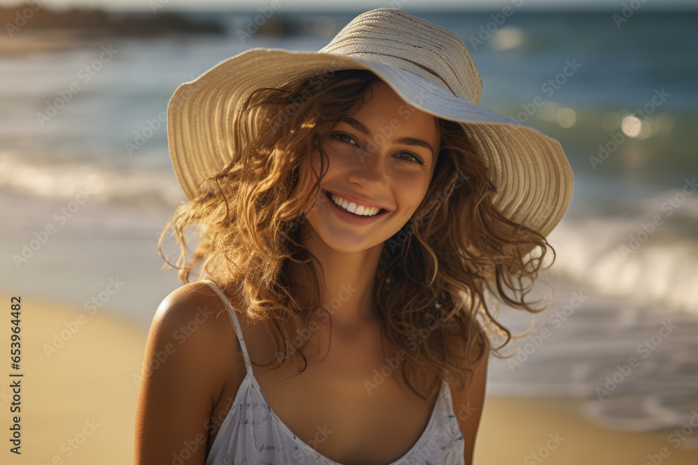 Woman wearing hat on beach. Perfect for travel and summer-themed projects.