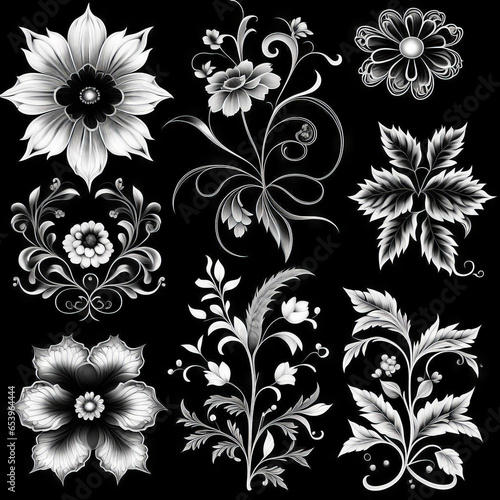 Luxury botanical background with trendy black and white minimalist flowers on a white background.