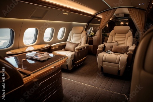Luxurious aircraft cabin featuring sophisticated décor and comfortable seating. Generative AI
