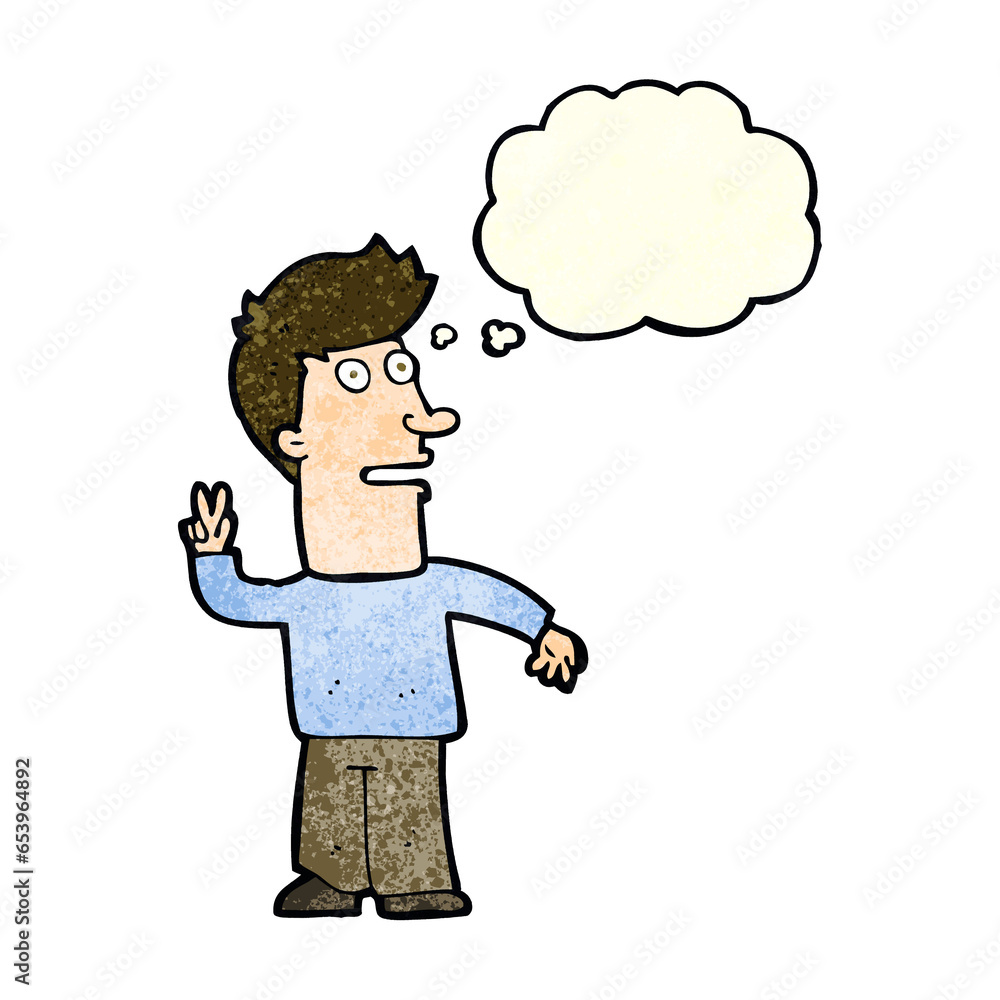 cartoon man making peace sign with thought bubble cartoon man making peace sign with thought bubble