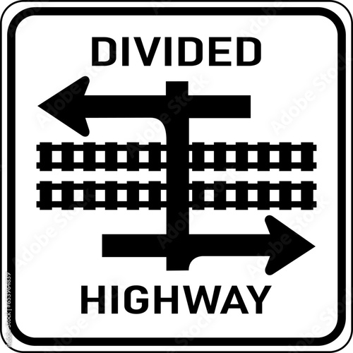 Vector graphic of a usa Light Rail Divided Highway MUTCD highway sign. It consists of the wording Divided Highway and a schematic of roads and tracks contained in a white rectangle