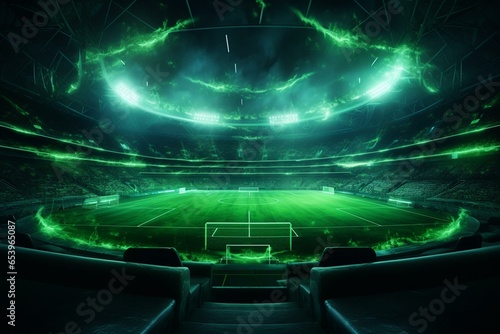 Green lit game soccer goal stadium. Generative AI
