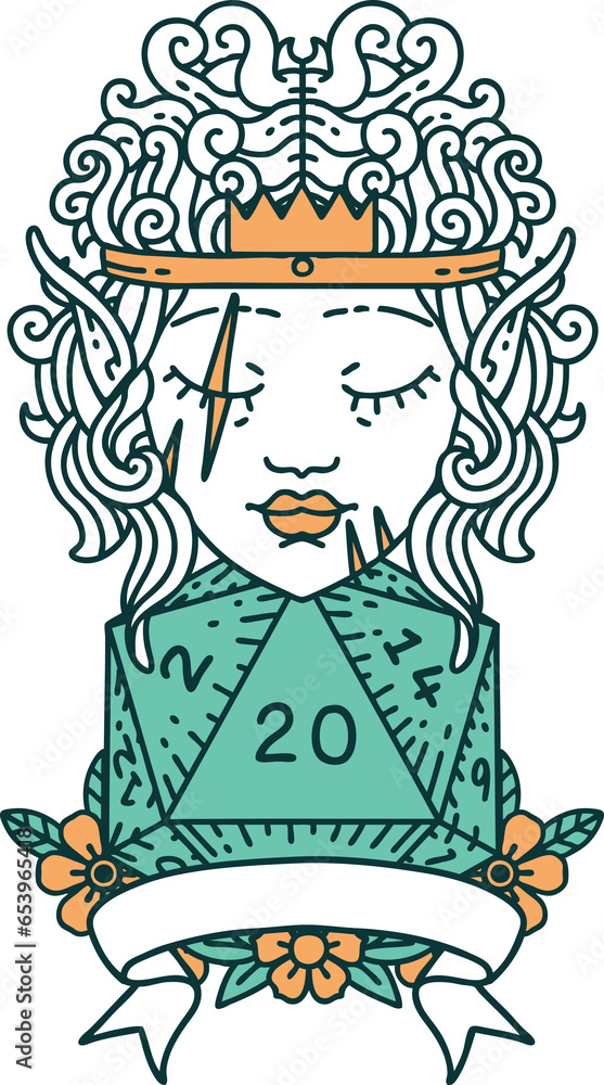 Retro Tattoo Style elf barbarian character with natural twenty dice roll Retro Tattoo Style elf barbarian character with natural twenty dice roll