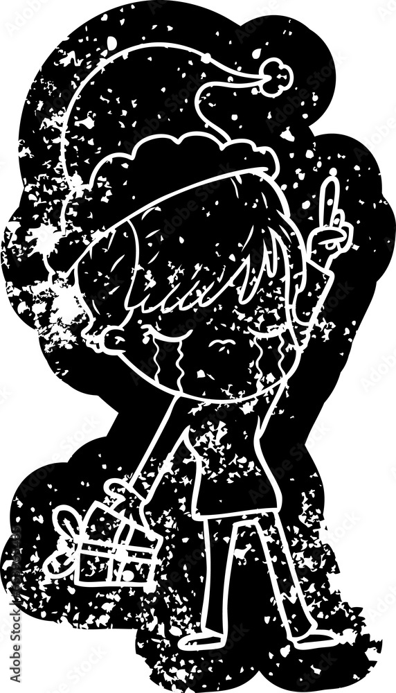 Fototapeta premium quirky cartoon distressed icon of a woman crying wearing santa hat