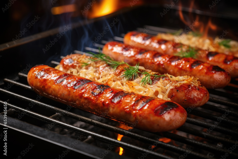 Captivating image showcasing sausages cooking on grill with flames in background. Perfect for illustrating outdoor barbecues and delicious food preparation Captivating image showcasing sausages cooking on grill with flames in background. Perfect for illustrating outdoor barbecues and delicious food preparation