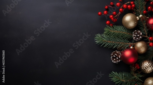 Christmas background with fir branches and red baubles on black background with copy space for text