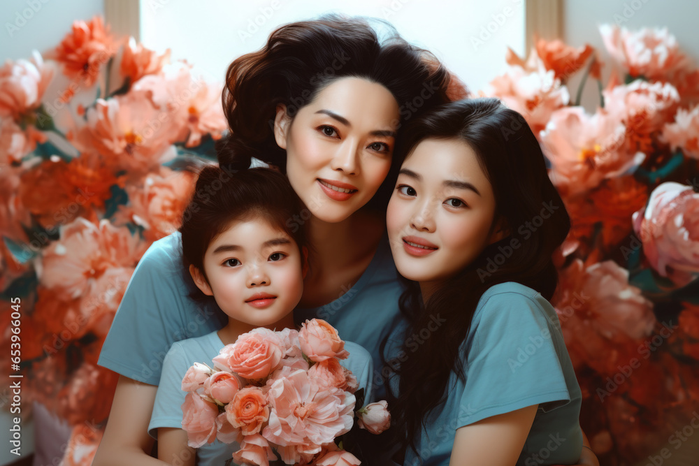 Woman and two children are captured in posed position for photo. This image can be used to depict family bonding and togetherness Woman and two children are captured in posed position for photo. This image can be used to depict family bonding and togetherness