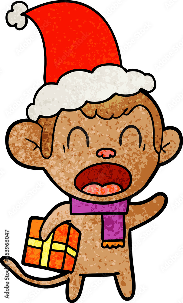 shouting hand drawn textured cartoon of a monkey carrying christmas gift wearing santa hat shouting hand drawn textured cartoon of a monkey carrying christmas gift wearing santa hat
