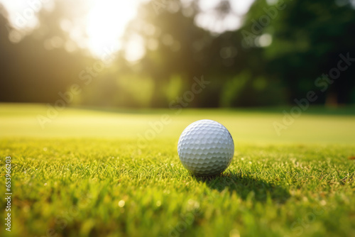 Golf ball sitting on top of vibrant and well-maintained green field. Perfect for sports and outdoor enthusiasts, as well as golf-related content