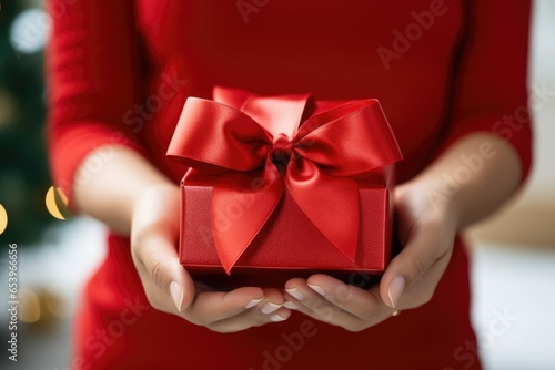 Hands of a woman delivering a Christmas gift photo