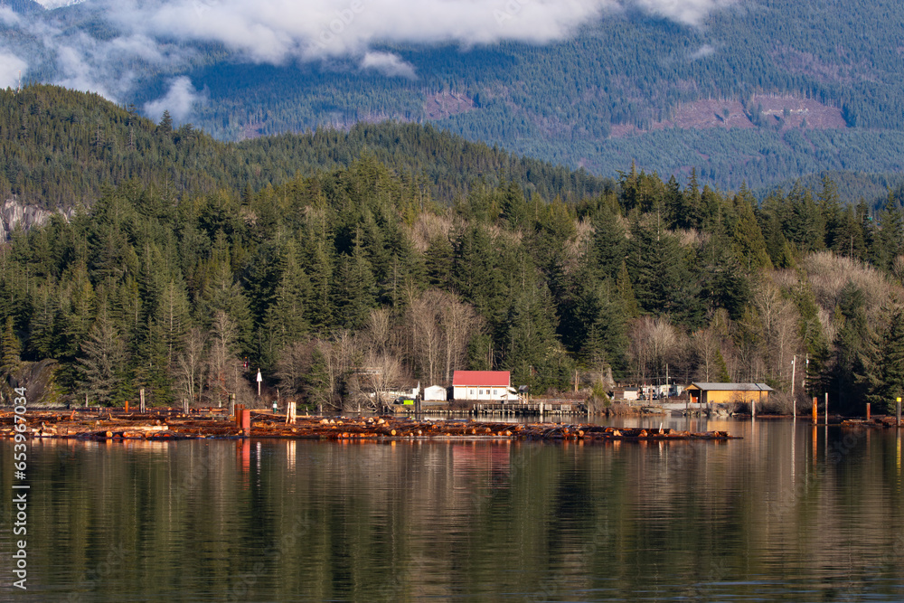 Fototapeta premium Industrial logging area along Squamish River near Howe Sound in British Columbia, Canada