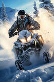 Young man snowmobile rider, snowmobile jumping in beautiful snowy landscape in morning lights