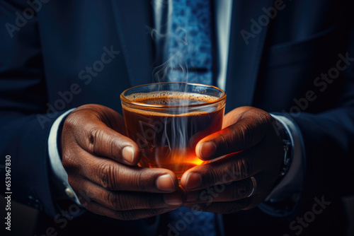 Man in suit holding cup of coffee. Suitable for business and workplace themes