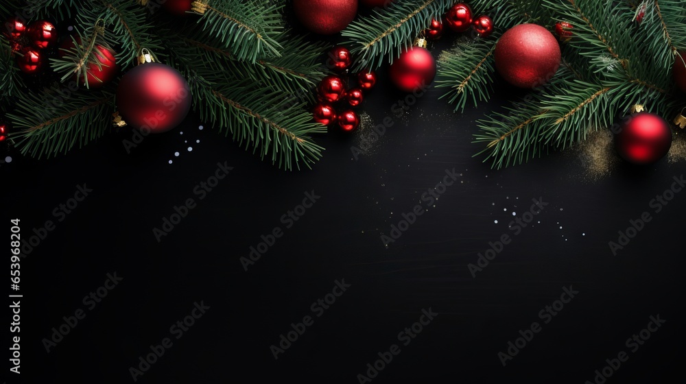 Christmas background with fir branches and red baubles on black background with copy space for text Christmas background with fir branches and red baubles on black background with copy space for text